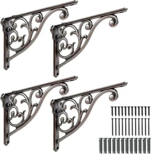 Miniatura 61 de Soportes de estante de 4 pulgadas, paquete de 4 soportes de pared de latón antiguo de alta resistencia, estantes decorativos de cocina victoriana