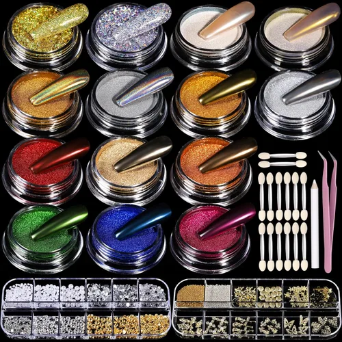 Teenitor Kit de polvo de uñas cromado, 14 macetas de polvo cromado para uñas con dijes y gemas, polvo de uñas cromado dorado, efecto espejo rojo