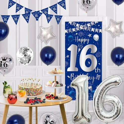 Miniatura 5 de Decoraciones de cumpleaños número 16 para niños y niñas, kit de fiesta de cumpleaños azul plateado con pancarta, globos, globo del número 16