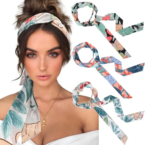 Miniatura 13 de AWAYTR Diademas de gasa con trenzado largo para mujer - 3 unidades, envolturas cruzadas para cabello grueso (Negro+Beige+Jaque)