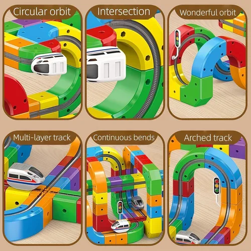 Miniatura 5 de Juego de tren eléctrico, juego de tren de fusión de pista flexible, kits de construcción de pistas de autos de carreras DIY con señales de tren