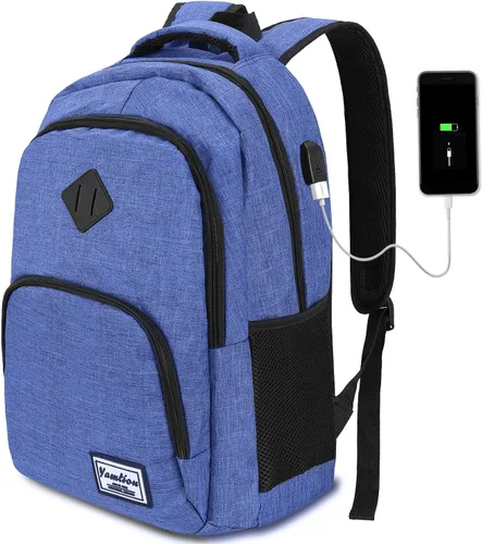 YAMTION Mochila escolar para adolescentes, mochila con USB para la escuela secundaria y universidad, azul