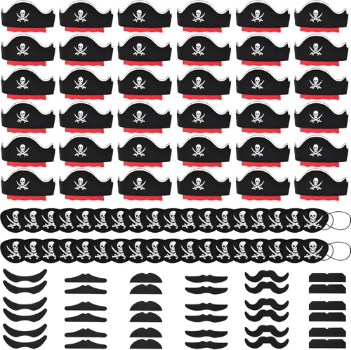 Miniatura 10 de Halatool 36 piezas de accesorios piratas para niños, juego completo de fiesta pirata para 12 personas con sombreros de fieltro suave, parches
