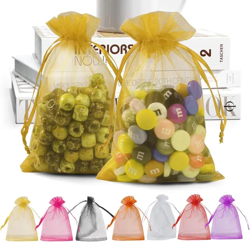 ANZNKU Paquete de 100 bolsas de organza, 4 x 6 pulgadas, pequeñas bolsas doradas premium para obsequios con cordón, bolsa de malla transparente para