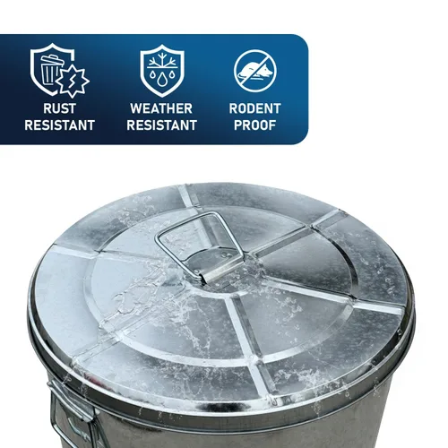 Miniatura 4 de Plexon Bote de basura grande de metal con tapa de 20 galones, cubo de basura decorativo para exteriores, cubo de metal galvanizado resistente