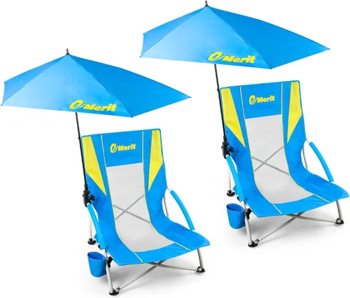 Miniatura 12 de EMERIT Sillas de playa bajas para adultos con paraguas extraíble UPF 50+, mochila plegable ligera silla de camping con soporte para tazas, silla