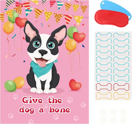 Fowecelt Juego de fiesta Pin The Bone on The Dog con 48 piezas de hueso, vendas de ojos, póster y adhesivos para suministros de fiesta de cumpleaños
