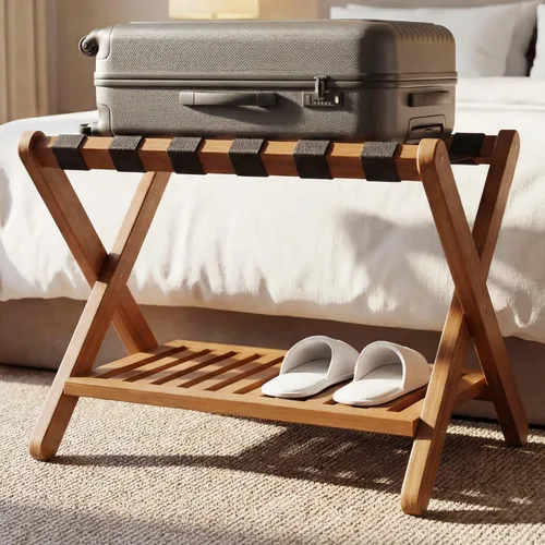 Miniatura 23 de Heybly Portaequipajes, soporte plegable para maleta con estante de almacenamiento, soporte de equipaje con 5 correas de nailon para habitación