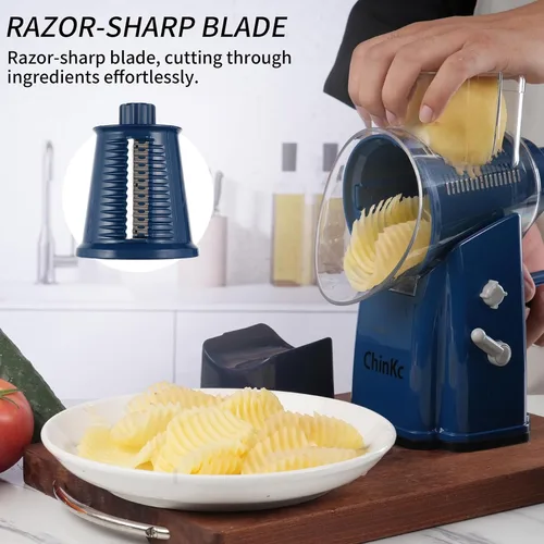 Miniatura 7 de Rallador rotativo de queso mejorado con asa, base de succión fuerte, rebanador giratorio multiusos con 5 cuchillas intercambiables para hielo