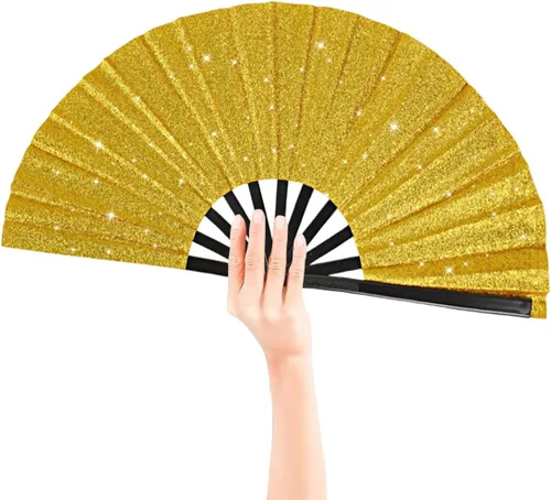 Miniatura 4 de Paquete de 2 Abanicos de Mano Plegables Grandes con Purpurina para Baile en Línea, Abanico Popping Grande Rave para Baile Boots On The Ground, Dorado