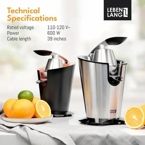 Miniatura 6 de LEBENLANG Exprimidor de cítricos eléctrico con alto rendimiento de jugo Exprimidor de jugo de naranja 200W + 2 conos Exprimidor de limones