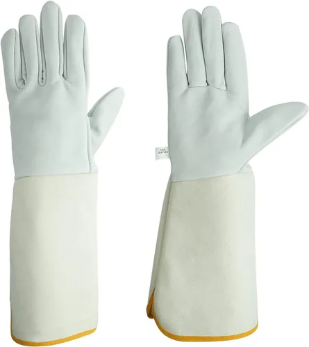 Luwint Guantes largos de cuero para jardín, a prueba de espinas, color rosa, longitud al codo, guantes de jardinería para hombres y mujeres, 1 par