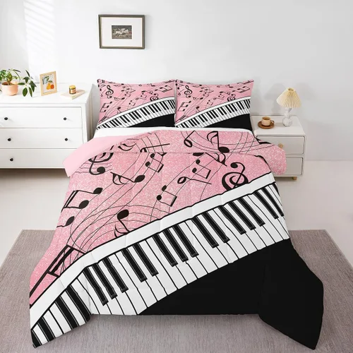 Manfei Juego de edredón musical para niños, tamaño individual, juego de edredón con estampado de notas musicales negras con 1 funda de almohada,