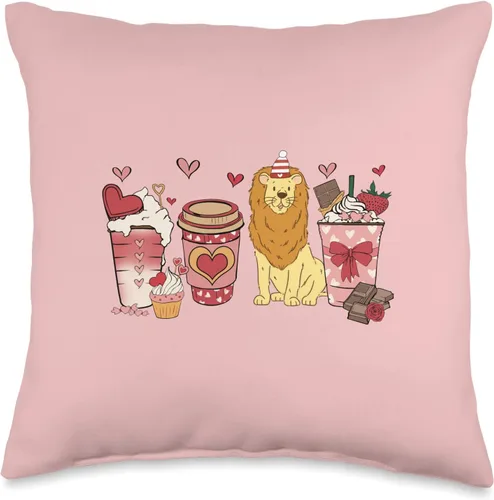 Happy Valentine's Day for Lion Wild Life Lover Almohada de león para el día de San Valentín, safari y amantes del café, 16 x 16 pulgadas, multicolor