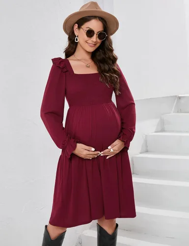 Miniatura 5 de KOJOOIN Vestido de maternidad para mujer, sin mangas, cuello cuadrado, volantes, casual, bohemio, vestido midi para baby shower, sesión de fotos