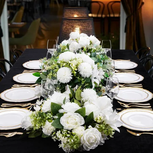 Miniatura 7 de Hioasis 60 piezas de platos de plástico dorados - Vajilla desechable blanca y dorada con borde dorado, resistente, 26 cm, platos para fiesta y boda