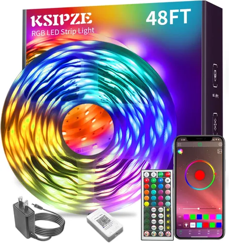 KSIPZE Luces LED para dormitorio, tira de luces LED de 48 pies con control remoto RGB que cambia de color, sincronización de música, control