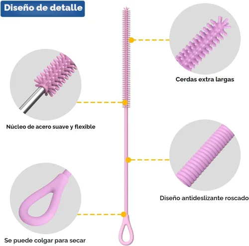 Miniatura 3 de YOTIME Cepillo limpiador de pajitas de silicona, 2 piezas cepillo reutilizable para pajitas extra largo para limpiar vaso térmico con mango y Rosa