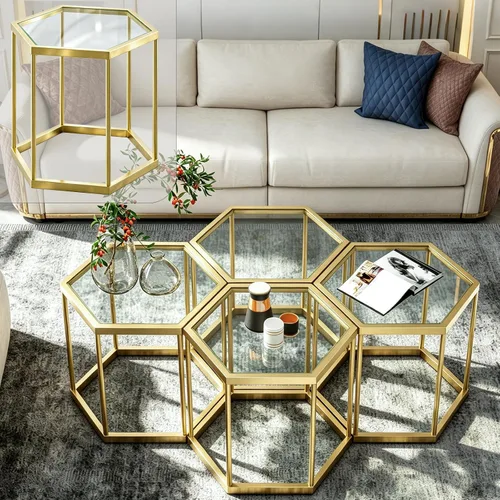 Mesa auxiliar modular hexagonal, marco chapado en oro, parte superior de vidrio templado, mesa auxiliar geométrica, mesa anidable multiusos para