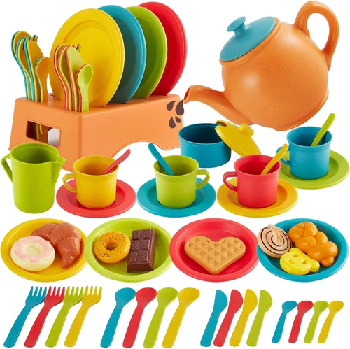 Miniatura 7 de BUYGER Accesorios de cocina para niños y juego de té para niños pequeños de 3 a 5 años, platos de juguete de cocina, utensilios, juego de vajilla