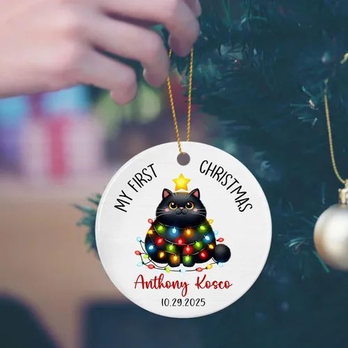 Miniatura 5 de Adornos de cerámica personalizados con texto en inglés «My First Christmas», bonito adorno de Navidad de gato para bebés, niños, primer recuerdo