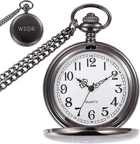 Miniatura 2 de WIOR Classic Smooth Vintage Pocket Watch Silver Steel Mens Watch with 14 in Chain for Graduation Xmas Fathers Day