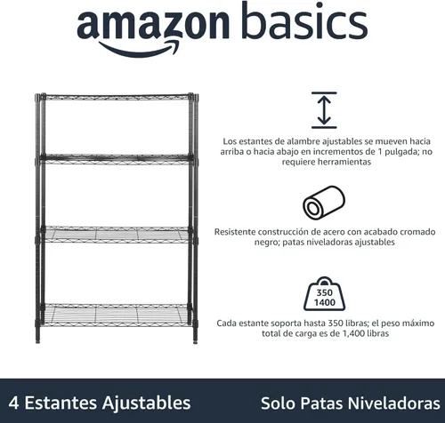Miniatura 4 de Amazon Basics - Estantería de almacenamiento ajustable de 4 estantes, resistente organizador de acero Negro