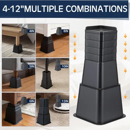 Miniatura 3 de Paquete de 6 elevadores de cama ajustables de 3 y 5 pulgadas apilables o de 8 pulgadas combinados de 8 pulgadas para sofá, patas de escritorio