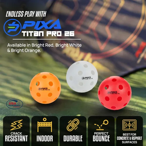 Miniatura 3 de PIXA Titan Pro 26 Pickleball para interiores, aprobado por USAPA, bolas de pickleball duraderas para interiores, rebote constante, vuelo suave, Rojo