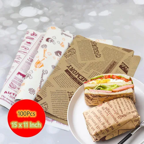 Miniatura 2 de 100 piezas de bolsas de papel para empaquetado de sándwiches - Hojas de papel encerado para alimentos, envoltorios para cestas, envoltorios