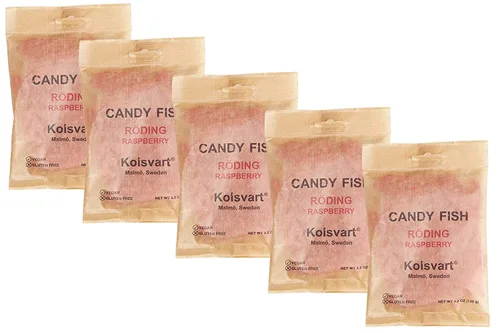 Kolsvart - Caramelos suecos de gomita de pescado y regaliz | Vegano y sin gluten | 4.2 onzas | Paquete de 5 | Frambuesa
