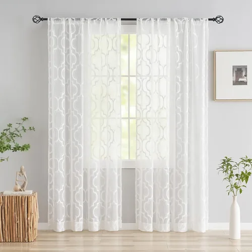 Miniatura 16 de Purainbow Paneles de Cortinas Transparentes de Encaje Floral para Ventana de 54 Pulgadas de Largo, Cortinas Transparentes de Gasa Geométrica