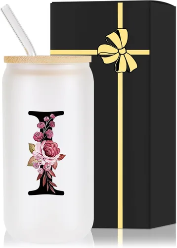 Miniatura 21 de Vaso de vidrio con monograma con tapa de bambú, popote personalizado, vaso de café helado de 16 onzas, tarro transparente de masón, cerveza, agua