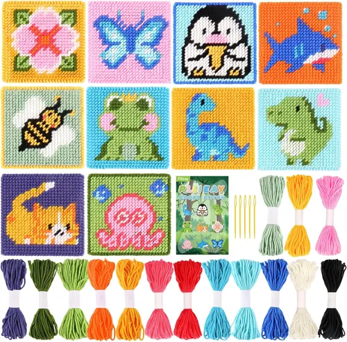 Pllieay Kit de punto de cruz principiante 10 en 1 para niños, kit de bordado incluye 10 piezas de lienzo de malla plástica con patrón, 15 hilos, 5
