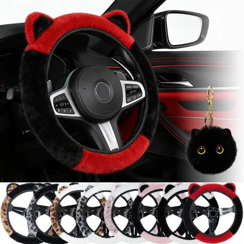 Miniatura 10 de Steering Wheel Cover with Ears Keychain Fit 14-15 inch Black Pink Cute Ears Car Steering Wheel Covers for Women Girls Elastic Breathable Steering