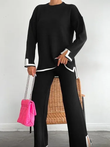 Miniatura 4 de VELISDE Conjunto de 2 piezas de suéter para mujer, conjunto de punto de manga larga, sin botones, pantalones de pierna ancha