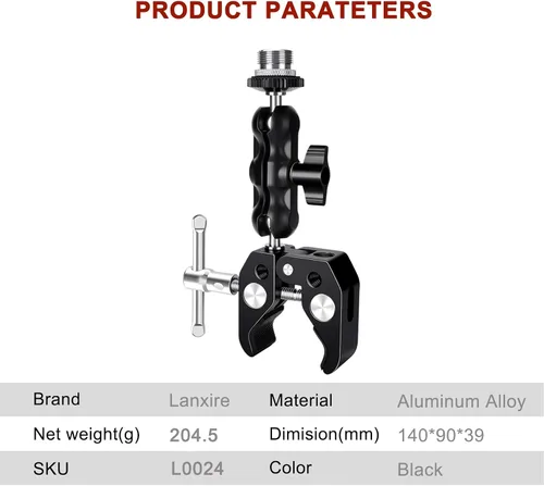 Miniatura 9 de Abrazadera de micrófono de montaje para micrófono con brazo mágico de cabeza esférica - Compatible con micrófonos - Carga máxima de 4.4 libras / 4.4
