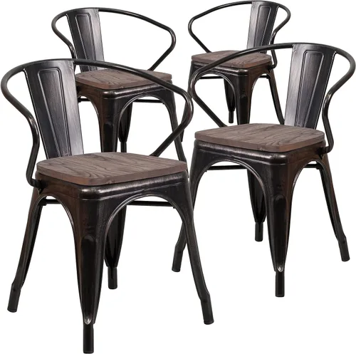 Miniatura 12 de Flash Furniture Silla de metal negro con asiento y brazos de madera