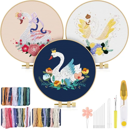 Miniatura 13 de TINDTOP Kit de bordado para adulto, paquete de 3 piezas de bordado para bricolaje, con patrones estampados, aro, herramientas, hilos coloridos