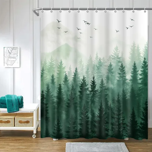Miniatura 8 de Cortina de ducha de bosque natural, diseño de pino, paisaje de árbol de pino negro, cortina de bañera decoración de baño, tela de poliéster