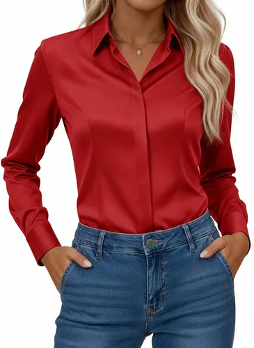 Miniatura 11 de Gleeivy Camisa con botones para mujer, solapa con botones ocultos, ligera, transpirable, resistente a las manchas, manga larga, trabajo e informal