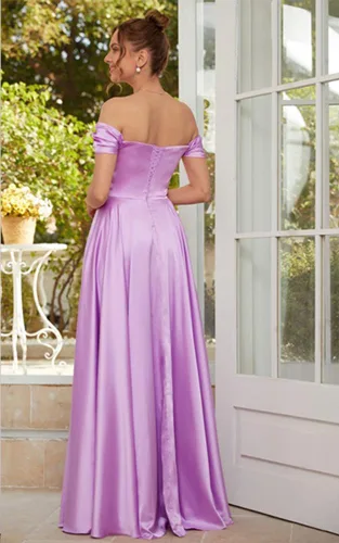 Miniatura 4 de PEIYJYUSP Vestidos de dama de honor de satén con hombros descubiertos para boda, largo, fruncido, acampanado, vestido de graduación formal