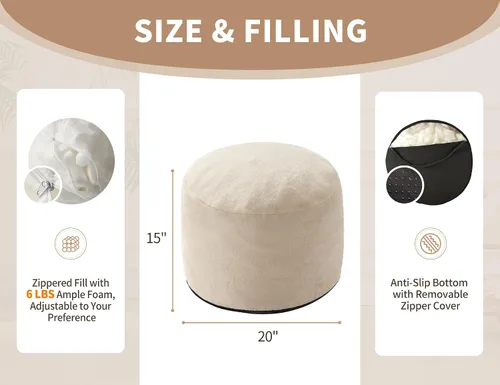 Miniatura 3 de Puf Otomano Reposapiés 20"x15" Reposapiés y Otomanos Pequeños con Relleno Crema Otomano Pequeño Beige Reposapiés Otomano Marfil Poofy Otomano