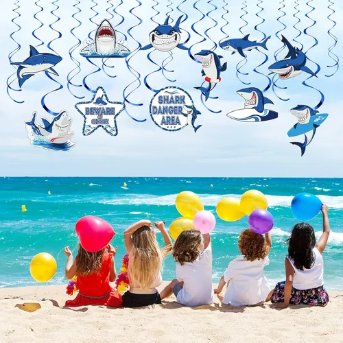 Miniatura 5 de Censen 30 piezas de remolinos colgantes de tiburón, suministros de fiesta de tiburón, remolinos de papel de aluminio de océano y mar, decoración