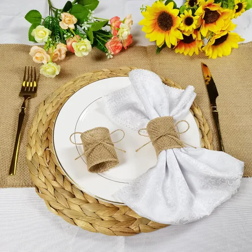 Miniatura 5 de Juego de 100 servilleteros de arpillera natural con cuerda de yute, servilletas desechables a granel, anillo rústico para mesas, decoraciones