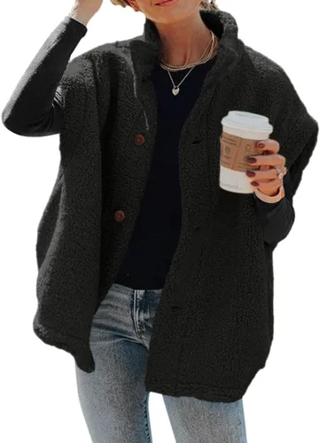 Miniatura 31 de Hongqizo - Chaleco de forro polar mullido para mujer, casual, de gran tamaño, cálido, con botones, chaqueta de sherpa con bolsillos