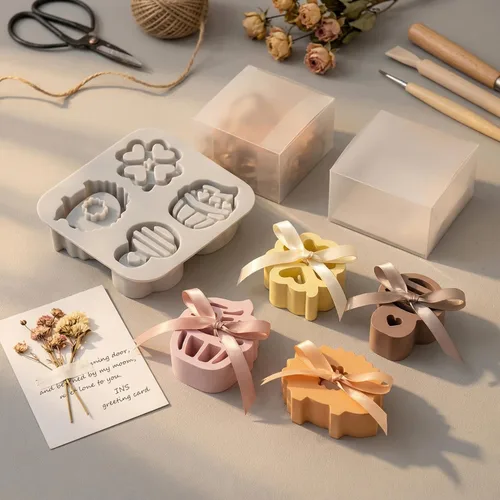 Miniatura 3 de Juego de moldes de silicona huecos 4 en 1 para velas y resina de bricolaje, erizo, hongo, pastel, trébol, molde de 4 cavidades para velas, yeso
