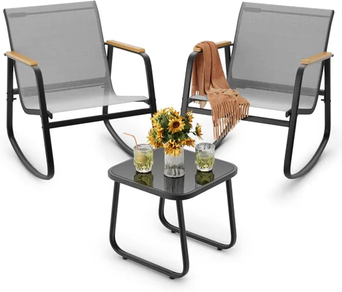 Ahomly - Juego de 3 piezas de muebles de patio, juego de muebles de exterior de Textilene con reposabrazos de madera, mesa de café con superficie de