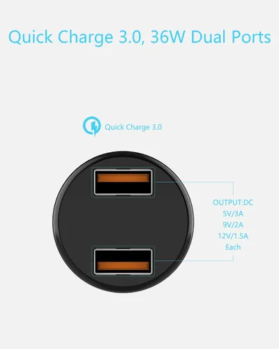 Miniatura 2 de Cargador de coche, mini 36 W dual USB QC 3.0 puertos adaptador de cargador rápido para coche compatible con Samsung Note 9/Galaxy S10/S9/S8, negro