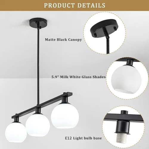 Miniatura 7 de Iluminación de isla de cocina, 3 luces, lámparas colgantes lineales con pantallas de vidrio de leche, candelabros negros de granja para comedor
